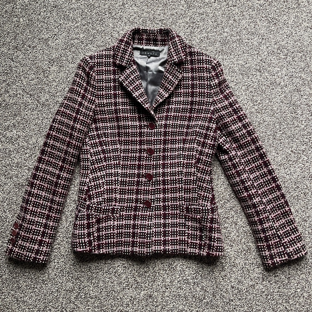 Theory Burgundy Pink Knit Tweed Plaid Blazer Sz 2 XS